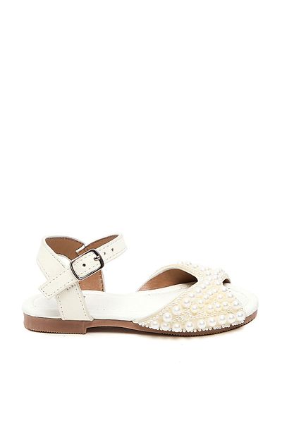 R&B White Pearl Embellished Flat Sandals For Girls