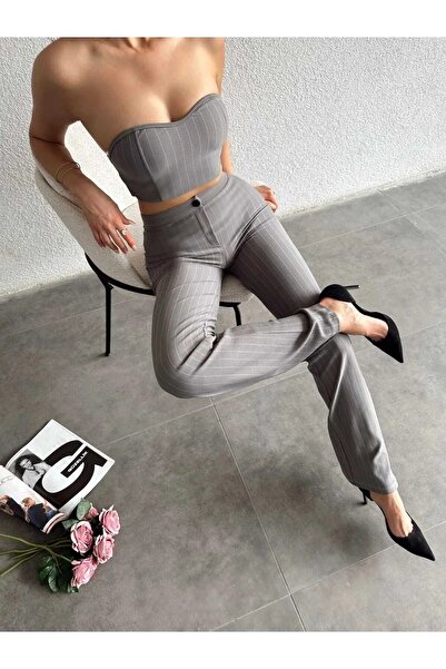 WellWay Kadın Full Likralı Ithal Krep Kumaş Önü Çimalı Çizgili Geniş Paça Palazzo Pantolon-Gri