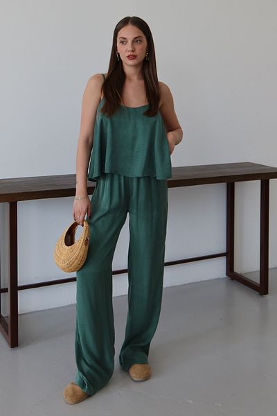 Laluvia Emerald Green Satin Look Blouse Trousers Suit - 51043
