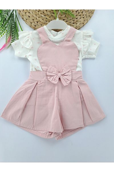 Butik Girl's Linen Salopet Shorts Dress Bodysuit Set of Two (Can Be Used Separately) Premium Quality