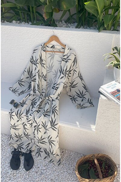 MUJO Жіноче кімоно з чорно-екрю візерунком Alaçatı - 2 шари з органічного мусліну Crinkle