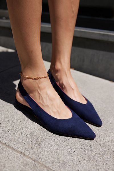 ANGELİNA JONES Vera Women's Dark Blue Real Leather Suet Mini Heel Slingback Shoes