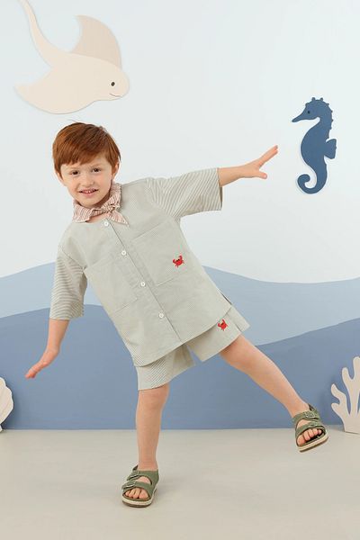 Mioma Kids Striped Embroidery Suit Green