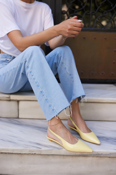 ANGELİNA JONES Haris Women's Tereyag Yellow Real Leather Mini Heel Slingback Shoes