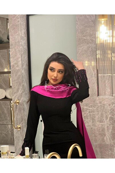 ALANOOD FASHION فستان أنيق طويل ساتر كريب سترتش مع شال فوشي