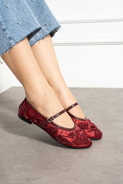 Mio Styllo Dina Mesh Embroidery and Bead Detailed Round Toe Luxury Women's Ballerinas