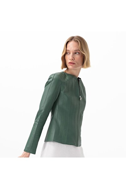 Desa Deundria Yeşil Kadın Fit Panelli Deri Ceket