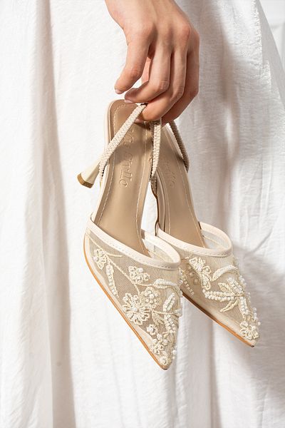 Mio Styllo Natalyn Mesh Embroidery and Bead Detailed Pointed Toe Women's Heeled Shoes