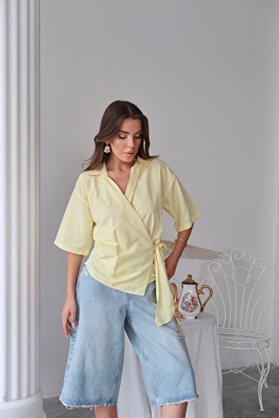 AÈC PRIVÈ قميص نسائي من القطن بأكمام قصيرة وربطة جانبية للموسم الجديد 777