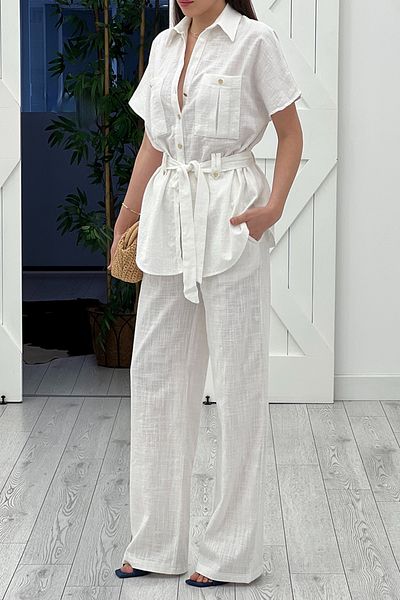 Suzi Linen Textured Suit with Gold Buttons 257207