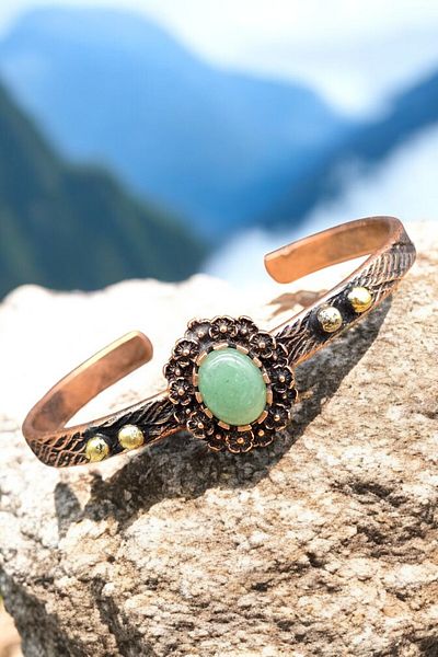 NBS Beautiful Naturel Stones Copper Bracelet (Pure) Adjustable Aventurine Luck Stone Antique Unique Design (Evil Eye)