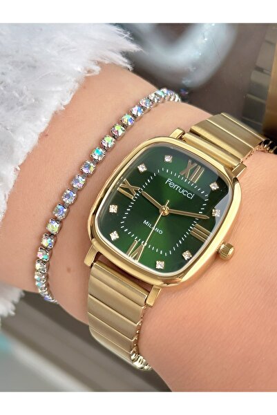 Ferrucci Altın Gold Renk Kare Sade Roma Rakamlı Model Kadın Kol Saati Zirkon Taşlı Bileklik Hediyeli