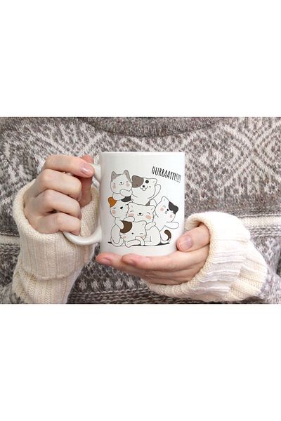hediyenebak Hurraaayy Cat Family Special Design Printed Ceramic Coffee Tea Cup