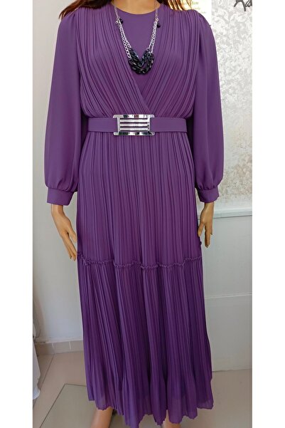 Butik Kemerli Piliseli Şifon Abiye Elbise( Kolye Hariç)