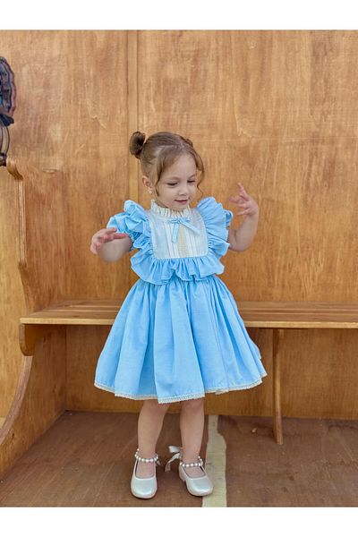 Linarookids Vintage Baby Girl Dress with Laurel Blue Bow, Birthday Dress, Photo Shoot Dress, Suitable for 0-7 Years Old