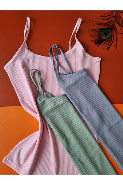 Demirsa Boutique Cotton Corded Rope Strap Çağla Green, Pink and Blue Color Ribbed Women's Undershirt 3-Pack