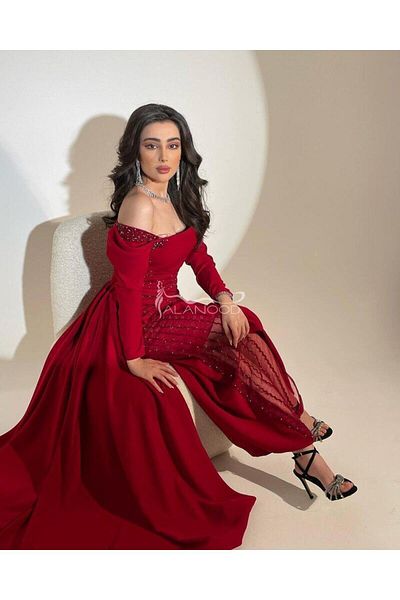 ALANOOD FASHION Dark red dress embroidered with crystals and stones in a luxurious modern design