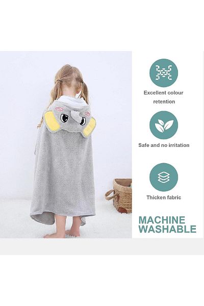 EvrikaUnity Prosop de Baie cu Gluga pentru Copii, Model Elefant, Super Absorbant, Moale si Pufos, 120x70 cm, Gri