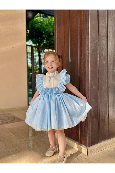 Linarookids Vintage Baby Girl Dress with Laurel Blue Bow, Birthday Dress, Photo Shoot Dress, Suitable for 0-7 Years Old