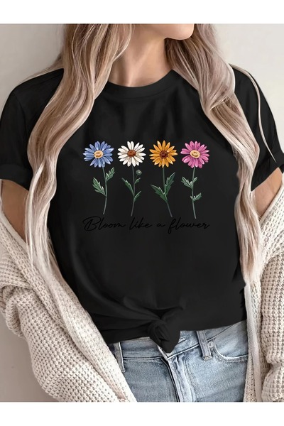 PALPİTO Tricou oversize cu imprimeu negru Like a Flower pentru femei
