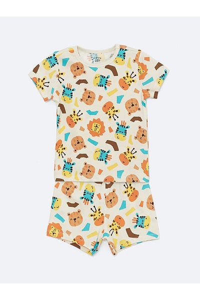 LC Waikiki Lcw Baby Beige Crew Neck Short Sleeve Printed Baby Boy Shorts Pajama Set - S49923Z1