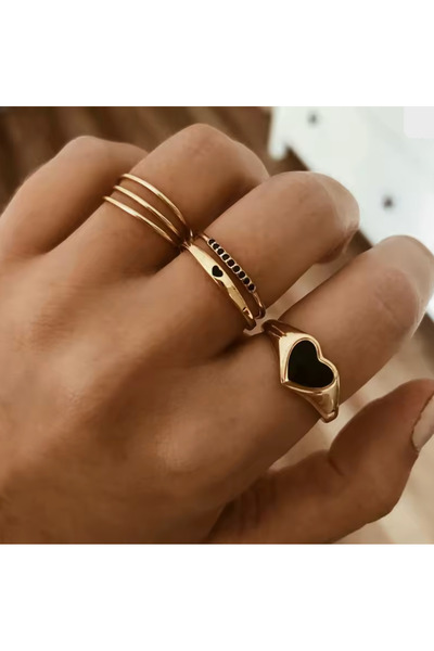 Takıtolia Veyla - Black Zircon Stone Gold Color 4 Piece Heart Figured Romanti...