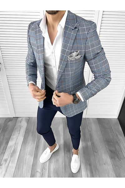 dehaine Sacou pentru barbati, slim fit, in carouri, 1041, albastru
