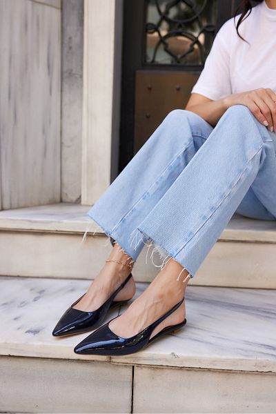 ANGELİNA JONES Haris Women's Dark Blue Real Leather Patent Leather Mini Heel Sandals