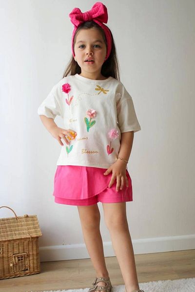 Kidmark Çocuk Modası Girl's 3D Flower Embroidered Shorts Skirt Summer Suit