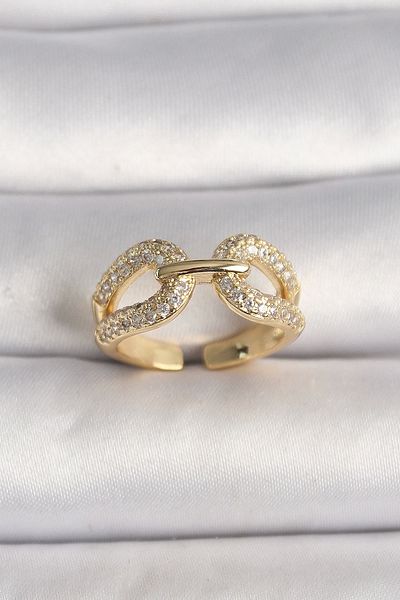 DENİZ Brass Gold Color Adjustable Zircon Stone Women's Ring