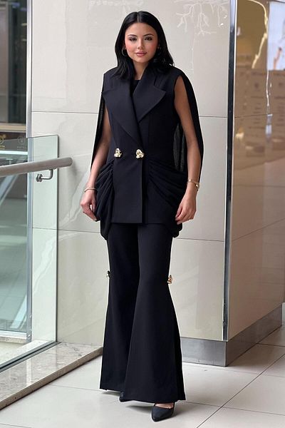 MİANOTTE Mianotte Gold Hunk Button Chiffon Detailed Jacket Vest Pants Set