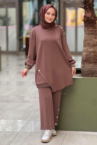 Ghisa Button Detailed Shoulder Tunic and Pants Set