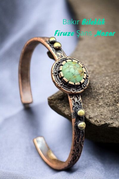 NBS Beautiful Naturel Stones Copper Bracelet (Pure) Adjustable Turquoise Stone Antique Unique Design (Evil Eye)