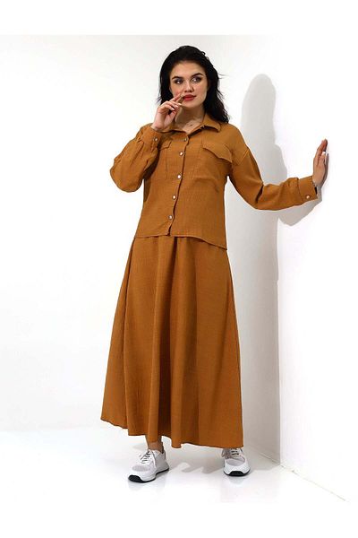 Stayele Elegant Mustard Button-Down Long Skirt Set