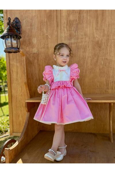 Linarookids Defne Pembe Fiyonklu Vintage Kız Bebek Elbise,Doğum günü elbise,fotoğraf çekim elbise,0-7 Yaş Uygun