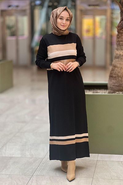 Nuss Mercerized Dress with Colorful Horizontal Stripe on Bust and Hem