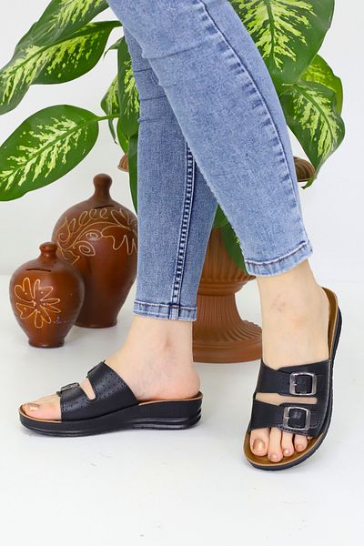 Modaarmada Black Double Buckle Comfortable Use Women's Slippers Light and Flexible Sole