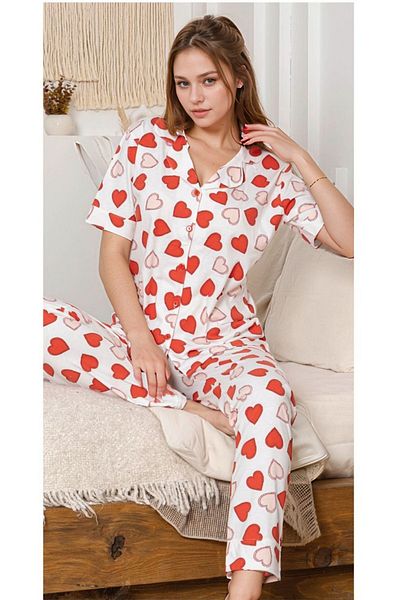 Loule Women's Home Wear Cotton Heart Patterned Short Sleeve Pajamas Set O1.L01.Ivsa.05