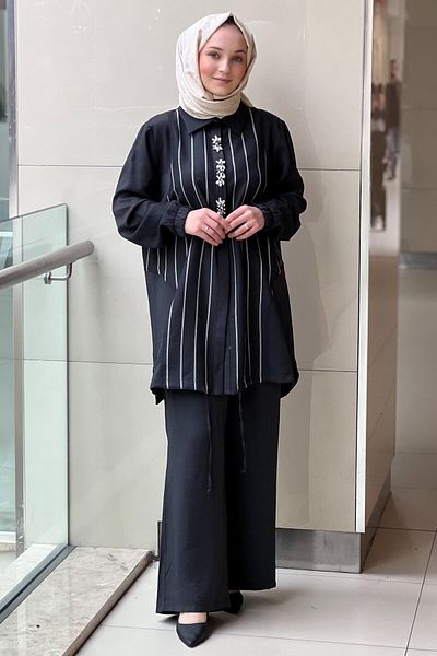 FUAT GÜRSEN Fuat Gürşen Front Stone Striped Shirt Pants Set