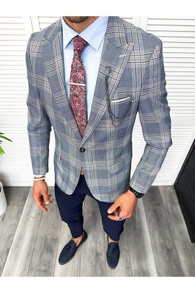 dehaine Sacou pentru barbati, slim fit, in carouri, 11879, albastru