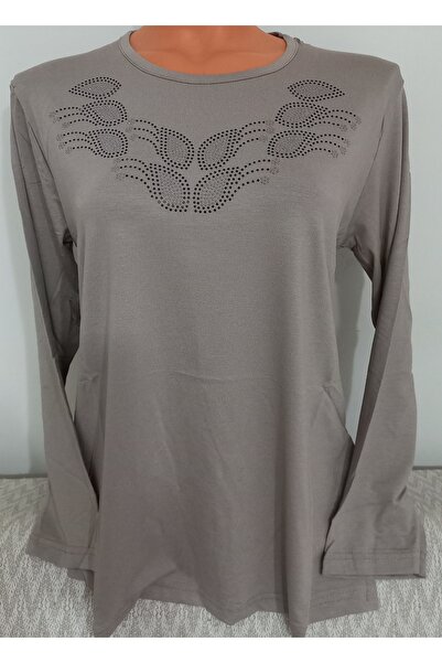 Anne Er Clothing Mother Summer Combed Cotton Blouse Long-Sleeve Crew Neck Stone Beige