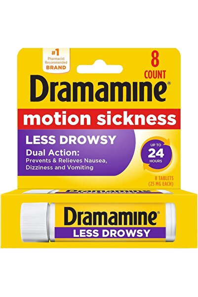 Dramamine طوال اليوم أقل نعاسًا، تخفيف دوار الحركة، 8 أقراص