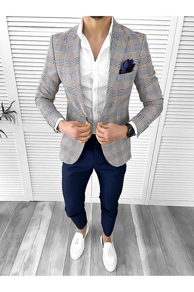 dehaine Sacou pentru barbati, slim fit, in carouri, 732, Albastru