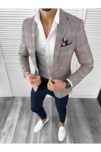 dehaine Men's slim fit checked jacket, 732, red