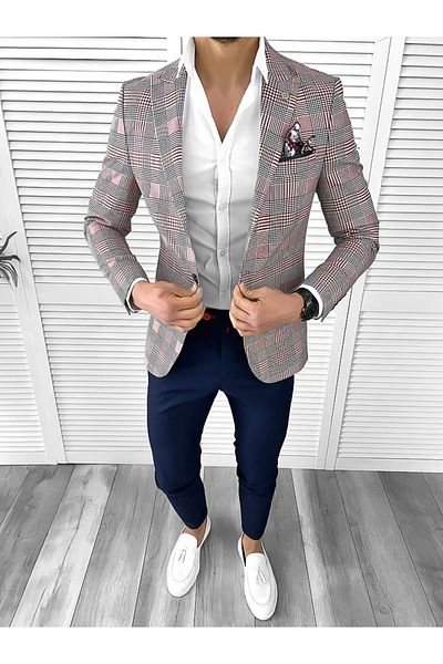 dehaine Men's slim fit checked jacket, 732, red
