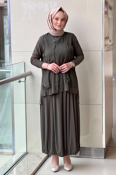 Nurcan Çetin Square and Wrinkled Detailed Tunic Skirt Set