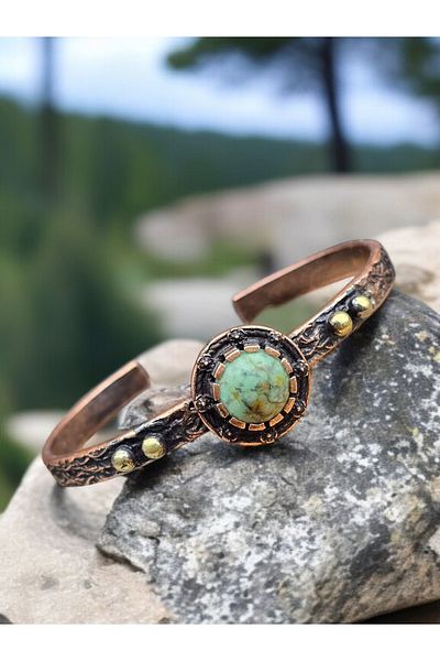 NBS Beautiful Naturel Stones Copper Bracelet (Pure) Adjustable Turquoise Stone Antique Unique Design (Evil Eye)