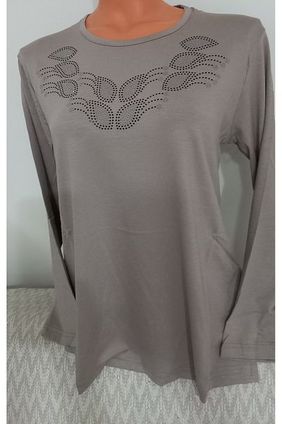 Anne Er Clothing Mother Summer Combed Cotton Blouse Long-Sleeve Crew Neck Stone Beige