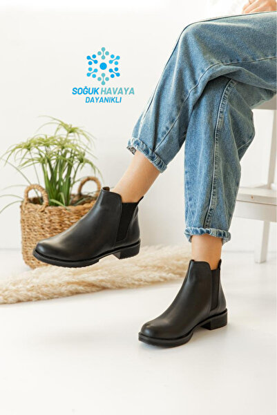 AZTEKA Kenar Lastik Detaylı Kısa Topuklu Chelsea Hafif Rahat Kışlık Klasik Kadın Bot Bootie