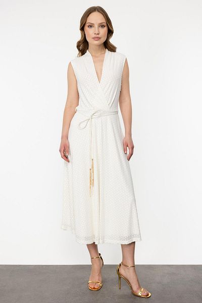 Ekol Self Print Sleeveless Dress with Rope Belt